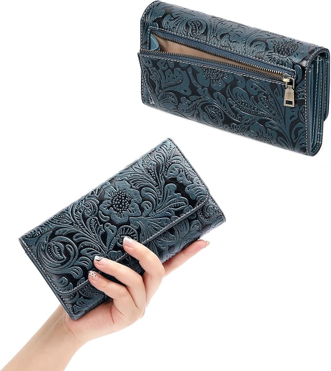 GOIACII Leather Wallets for Women RFID Blocking Western Clutch Blue | Embossed Design, Trifold, Large Billfolds, Vintage Flower, Ladies Purses with Zipper Coin Pocket - Image 3