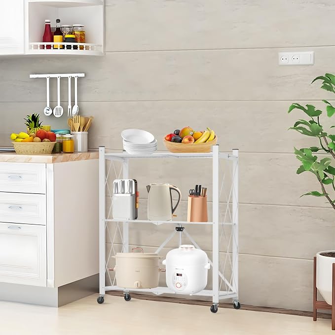 3 Tier Foldable Storage Shelf with Wheels Heavy Duty Garage Shelving | Unit Loads 550 LBS, Metal Steel Collapsible Shelves, Rolling Standing Utility Rack for Kitchen, Pantry, Office, White - Image 8