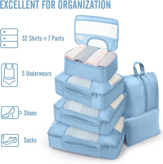 Veken 8 Set Packing Cubes for Travel Essentials,Anti-Wrinkle Buckled Suitcase Organizer for Shoe & Toiletry Bag,Carry On Luggage Bag with 99+ Count Mesh Holes for Airplane & College Dorm Accessories - Image 5
