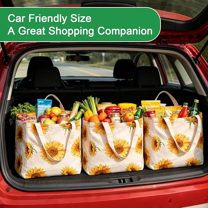Aesthetic Canvas Reusable Grocery Bags Heavy Duty, 8.3 gal Foldable Large Tote Bag with Handles, Holds 60 lbs & Washable Eco-friendly Bags with 5 Pockets, Beige with a print 3 Bags - Image 7