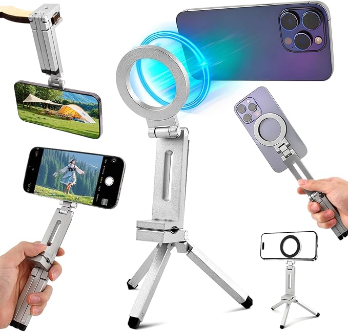 Magnetic Tripod for Phone,360° Rotating Phone Tripod Stand,Adjustable,Clipable,Foldable and Triangular Fixing Airplane Travel Essentials Phones Holder for Phones(Silver,Size:19 * 16cm) - Image 3