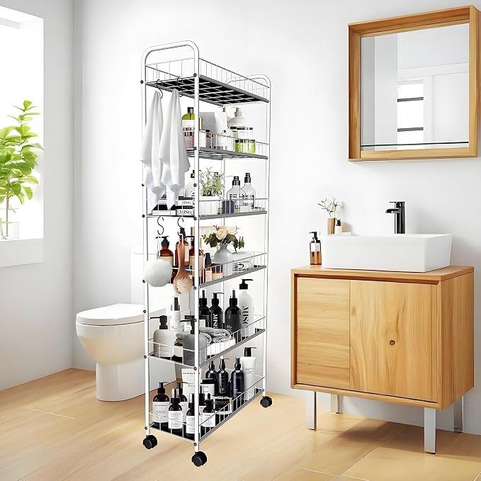 10in 6 Tier Slim Storage Cart with Wheels, Narrow Space Rolling Shelving Unit with Handle, Metal Wire Mobile Organizer Rack for Kitchen Bathroom Office Laundry - Image 6