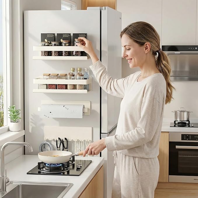Metal 4 Pack Magnetic Shelf Include Magnetic Spice Rack for Refrigerator,Magnetic Paper Towel Holder,Magnetic Hooks for refrigerator Space-saving design,Small Space Organization (white) - Image 5
