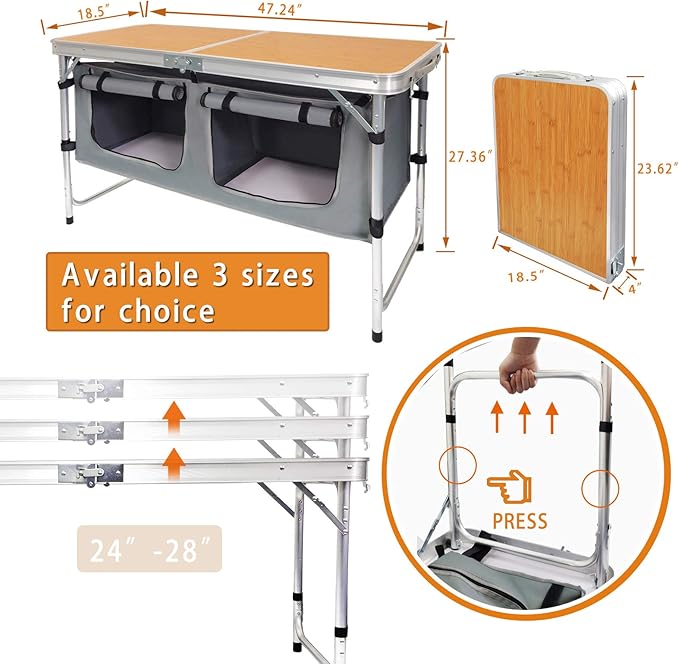 Folding Camping Table with Storage Lightweight Camp Tables Portable Indoor/Outdoor Collapsible Table Height Adjustable Camp Kitchen Perfect for Picnic, Beach, Travel, Tailgating, Backyards, BBQ, Party - Image 2