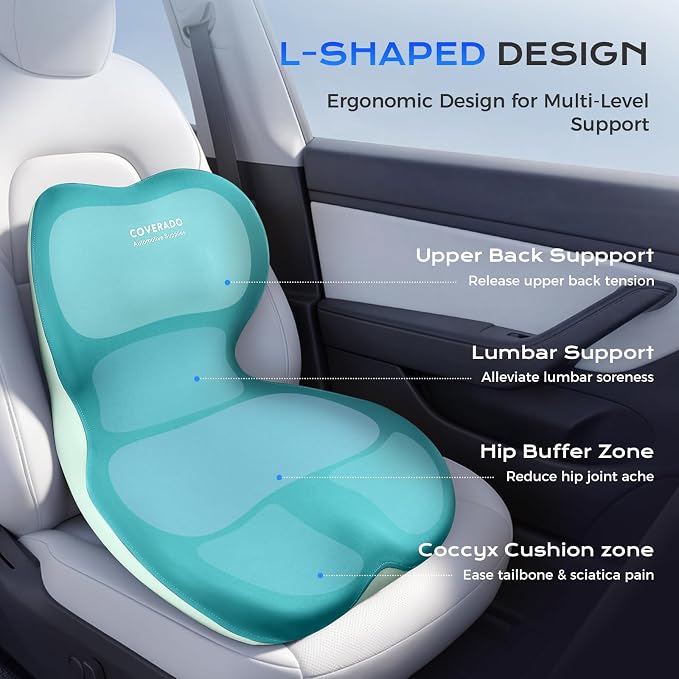 Coverado Car Seat Cushion and Lumbar Support Pillow One Piece, Memory Foam Ergonomic Back Support Driving Seat Cushion for Back Pain, Non-Slip Washable Cushion for Car, Driver, Office - Image 2