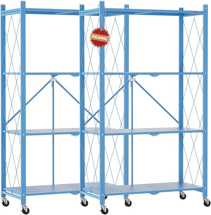 DEANIC 4 Tier Foldable Storage Shelves with Wheels, Large Capacity Shelving Unit, Freestanding Metal Wire Shelf Rack, No Assembly Organizer Rack for Garage Kitchen, Basement, Pantry(Blue Pack of 2) by ShowNow