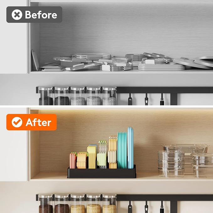 Lifewit Kitchen Cabinet Organizer for Food Contanier Lid with 7 Sections | Lid Holder with 6 Adjustable Dividers for Pantry Organizers and Storage, Home Drawer Organization, Black, Large, 13" x 10" - Image 9
