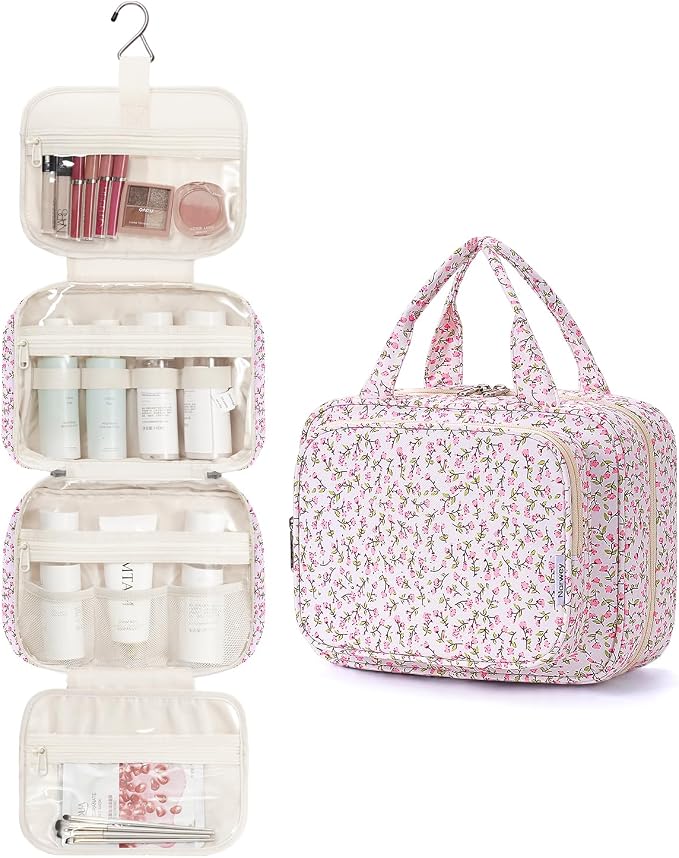 Narwey Hanging Toiletry Bag for Women Travel Makeup Bag Organizer Toiletries Bag for Travel Size Essentials Accessories Cosmetics (Pink Flower (Medium)) - Image 2