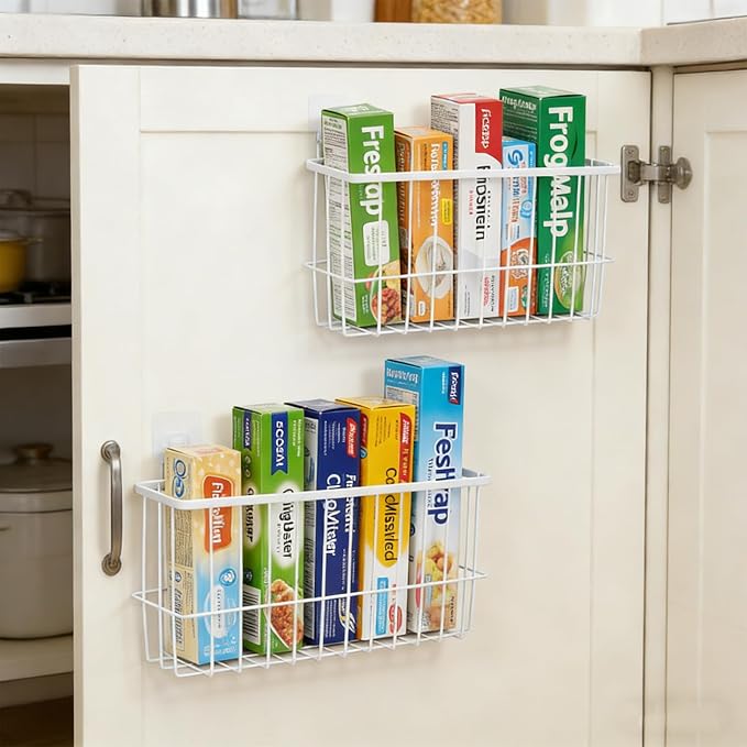2 Pack Aluminum Foil and Plastic Wrap Organizer,Wall Mounted Cabinet Door Organizer,Kitchen Pantry Organizers and Storage,Wrapping Paper Shelf for Sandwich, Freezer, Ziplock Bag, White - Image 5