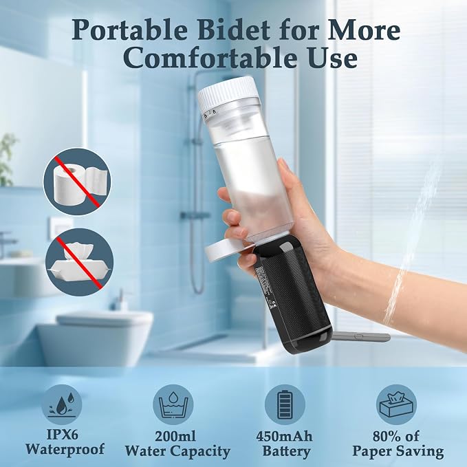 Portable Bidet for Travel, Rechargeable Waterproof Sprayer, Black | Portable Rechargeable Travel Bidet Sprayer Fits Various Water Bottles, Waterproof High Pressure Handheld for Personal Hygiene - Image 2