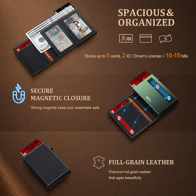 Wallet for Men Full Grain Leather Wallet with 2 ID Windows RFID Blocking Trifold Pop Up Credit Card Holder Wallet 9-11 Cards Slim Minimalist Genuine Leather Wallet for Men-Black Green - Image 6