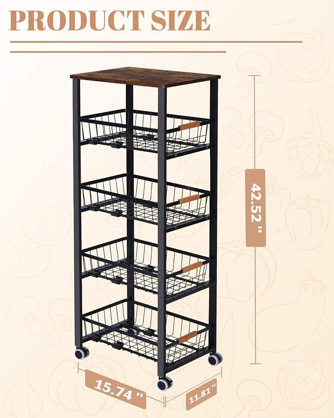 Mythinglogic 5-Tier Rolling Fruit Vegetable Storage Cart with Pull-Out Baskets, Metal Kitchen Organizer, Heavy Duty Utility Rack with Wheels for Pantry, Living Room, Kitchen - Image 2