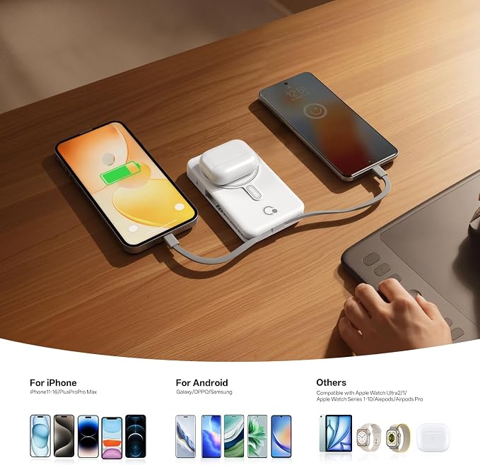Q Magnetic Wireless Portable Charger 10,000mAh, Travel Essentials Power Bank with Built-in Cables & Foldable Stand, External Battery Pack Compatible with iPhone 17/16/15/14/13/12, Apple Watch - Image 5