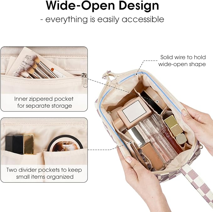 Narwey Checkered Makeup Bag Women Wide-open Make up Bag Travel Cosmetic Bag Organizer Toiletry Bag for Cosmetics Toiletries Accessories (Dusty Rose Checkerboard) - Image 2