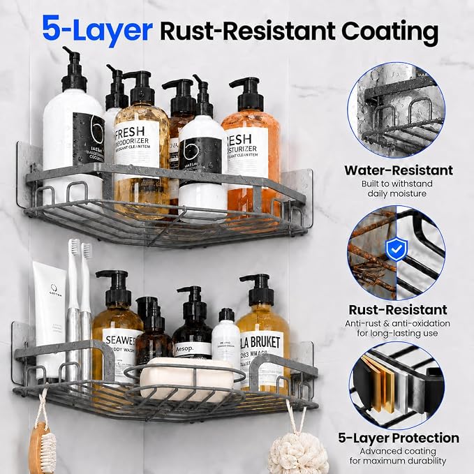 Corner Shower Caddy, Rustproof Shower Organizer with Soap Holder and 8 Hooks, No Drilling Adhesive Shower Shelves for Inside Shower, Large Capacity Shower Rack for Bathroom Shower Storage, Grey - Image 6