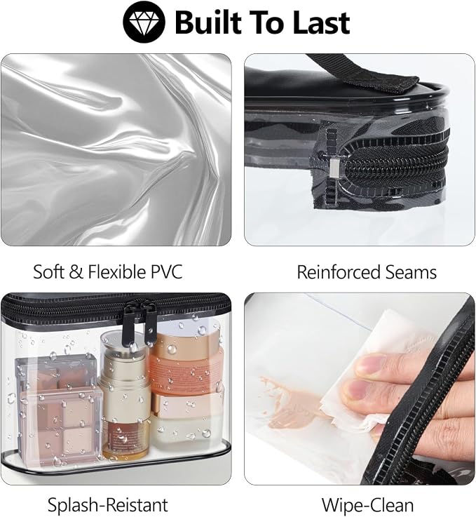 Clear Makeup Bag for Travel - TSA Approved Toiletry Bag, 2 Black | 1 Medium Quart Carry-On & 1 Large Checked-Luggage, Top Handle, Double Metal Zippers, 180° Opening, Clear Easy-Check, Women - Image 7