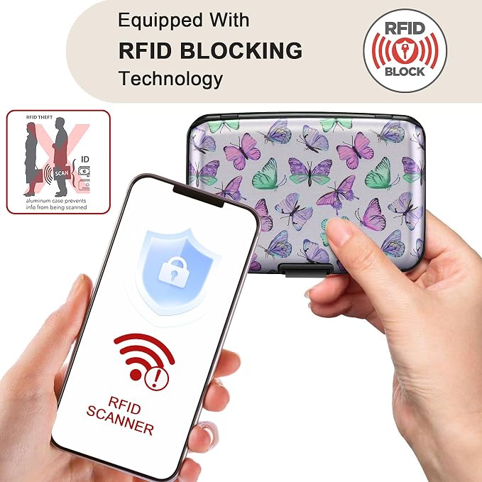 Mini RFID Aluminum Wallet Credit Cards Holder Business Card Case Metal ID Case for Men Women(Colorful Butterflies) - Image 2