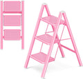 3 Step Ladder, Foldable Step Stool with Widened Pedal, Pink | Sturdy Carbon Steel, Anti-Slip Feet, Portable, 330LBS Capacity, Space Saving, for Kitchen, Bedroom, Pantry Use by GameGem
