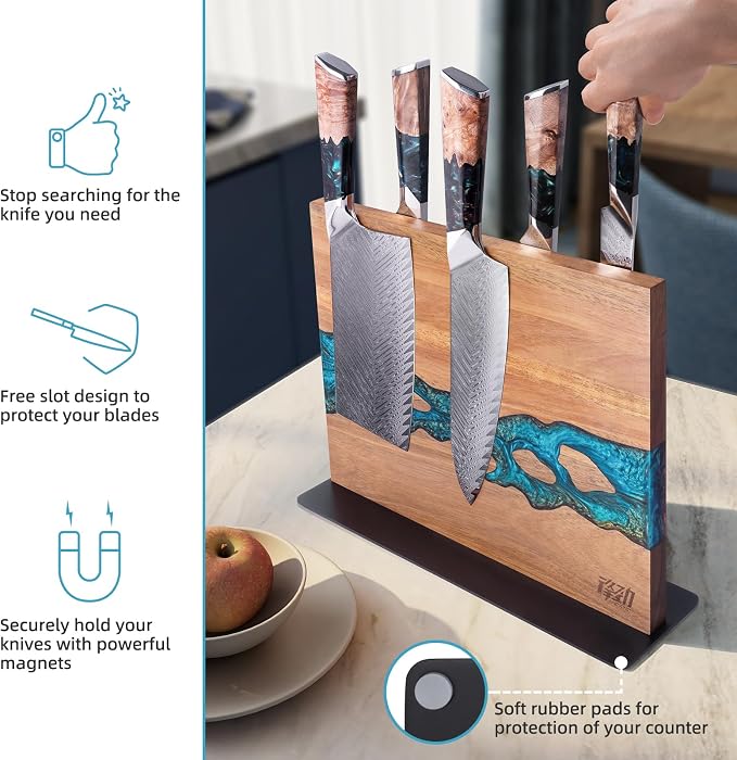 Magnetic Knife Block, Double Sided Holder, Powerful Magnet Kitchen Storage, Acacia Wood and Blue Resin (12 x 10 Inches, Without Knives) - Image 3