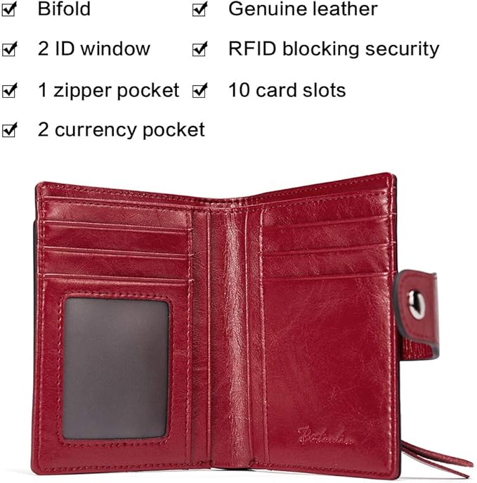 BOSTANTEN Leather Womens Wallet Small RFID Blocking Credit Card Holder | Removable ID Window, Zipper Coin Pocket, Bifold, Minimalist, Fits Small Purses, Daily Use, Ladies Gifts, Red - Image 5