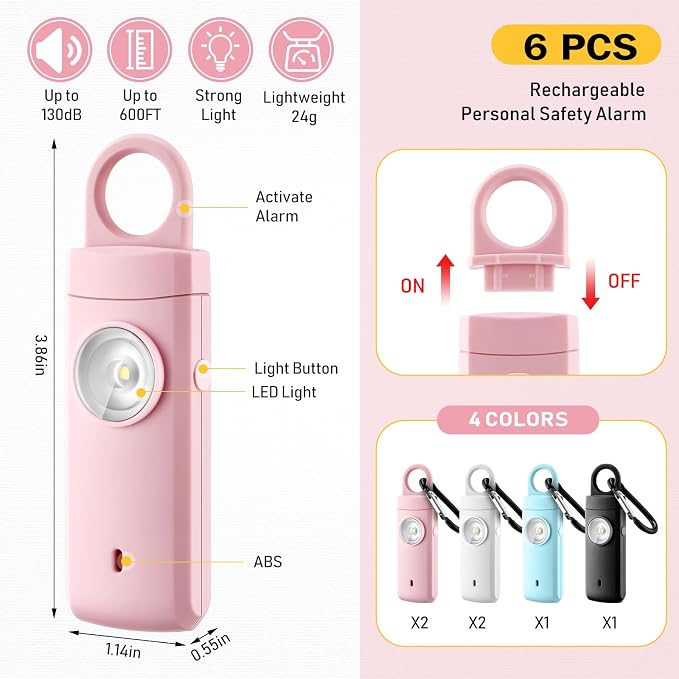 Tellegloww 6 Pcs 130 dB Personal Safety Alarm for Women, Personal Alarm Keychains Loud Siren with LED Strobe Light & Low Battery Notice Rechargeable Self Defense Keychain for Mom(Multicolor,Keychain) - Image 2