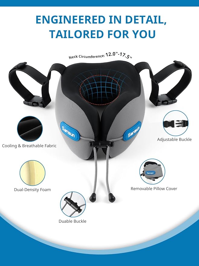 SARISUN Travel Neck Pillow with Strap & Eye Mask for Airplane Sleep Support | Airplane Pillow with Memory Foam, 3D Sleep Mask, for Comfort Sleep on Long Flight/Car Trip/Train Travel Essentials Grey - Image 7