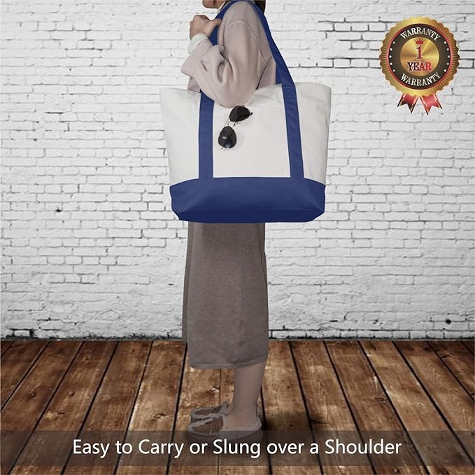 TOPDesign 30-Pack Canvas Tote Bags with an External Pocket, Reusable Grocery Shopping Bags, Top Zipper Closure, Daily Essentials (Blue/Natural) - Image 2
