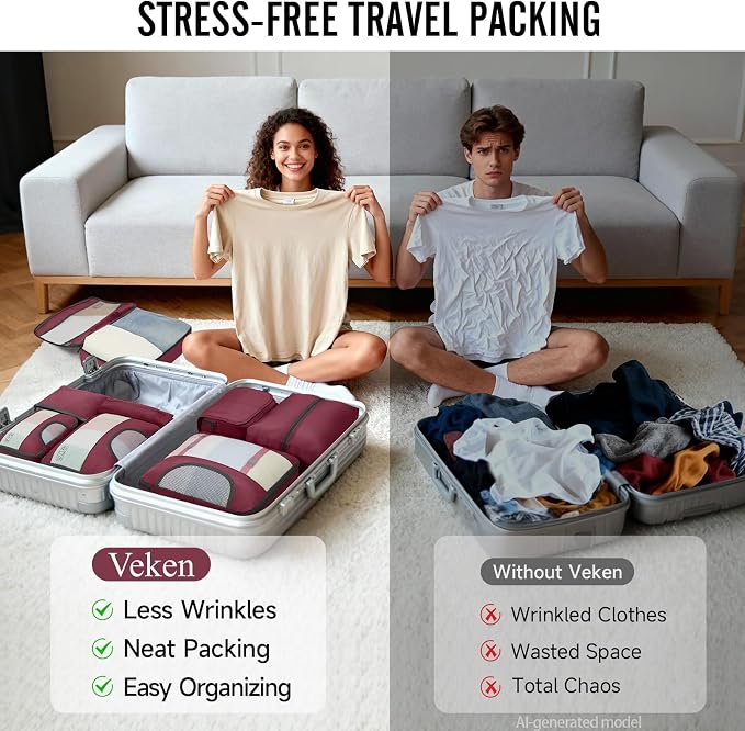Veken 8 Set Packing Cubes for Travel Essentials,Anti-Wrinkle Buckled Suitcase Organizer for Shoe & Toiletry Bag,Carry On Luggage Bag with 99+ Count Mesh Holes for Airplane & College Dorm Accessories - Image 7