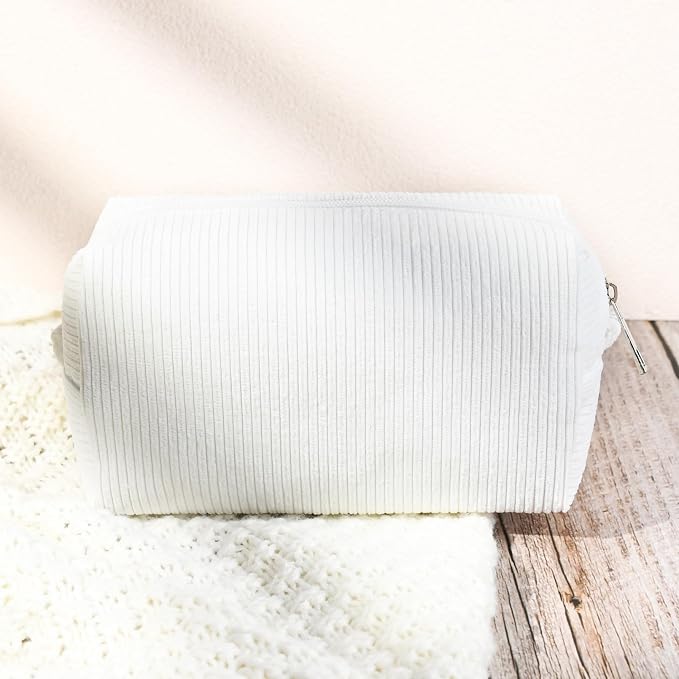 SOIDRAM 2 Pcs Corduroy Makeup Bag Large Cosmetic Bag Toiletry Bag Makeup Pouch Travel Bag Organizer Cute Makeup Brushes Aesthetic Accessories Storage Bag for Women White - Image 7