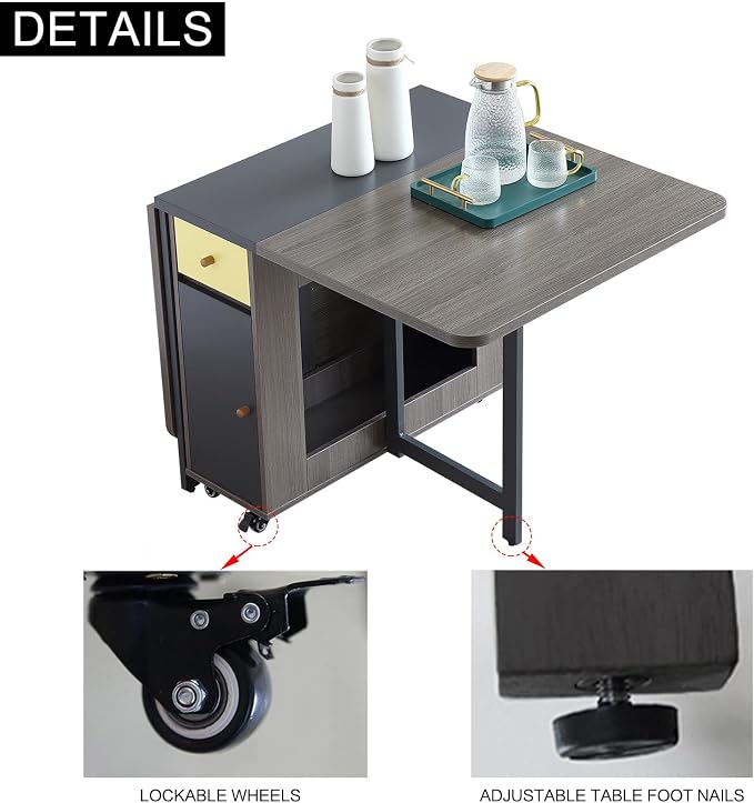 Drop Leaf Folding Dining Table with Storage, 2 Drawers, Grey | 3 Foldable Forms, Space Saving, Movable on Casters, for Kitchen Dining Living Room, Extendable, Versatile - Image 6