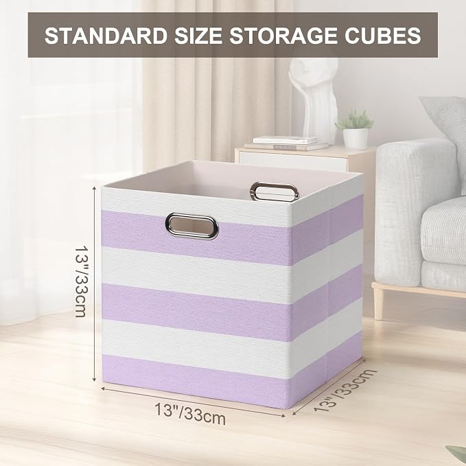 Posprica Storage Bins Storage Cubes,13×13 Collapsible Storage Boxes Containers Organizer Baskets for Nursery,Office,Closet,Shelf - 4pcs,Purple-white Striped - Image 7