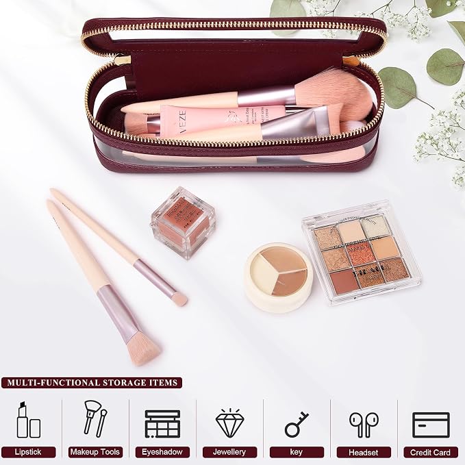 Pinkmik Makeup Brush Case, Burgundy, | Clear Travel Cosmetic & Toiletry Bag, Slim with Zipper, Small Purse Organizer, Car Essential for Women - Image 5