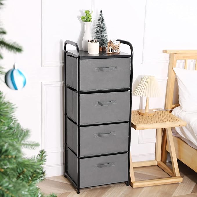 MAX Houser 4 Drawer Fabric Dresser Tall Storage Tower, Dresser Chest with Wood Top, Vertical Nightstand Side Organizer Unit with Metal Frame for Closets Bedroom Nursery Room Hallway(Leaden) | Dresser Chest with Wood Top, Vertical Nightstand Side Organi... - Image 2