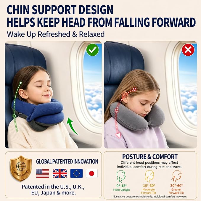 Kids Travel Pillows for Airplane, Memory Foam 360° Head Support Sleeping Essentials for Boys Long Flight, Skin-Friendly Soft Neck Pillow for Traveling in Car Seat, (Small, Blue Grey, 40-90 lbs) - Image 3