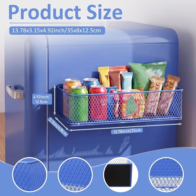 FoldTier 1 Pack Blue Magnetic Basket Dorm Mini Fridge Shelf Organizer Kitchen Storage Bin Container Spice Holder for Locker Refrigerator Pantry Dorm Essentials (13.8 x 3.1 x 4.9 Inch) - Image 2