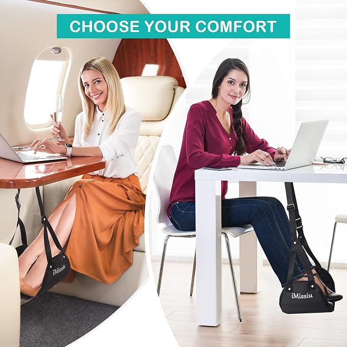 Airplane Foot Hammock | Adjustable Travel Footrest with Memory Foam | Portable Footrest Under Desk for Work Or Travel Relaxation | Comfortable Flight Carry-on Foot Rest - Black - Image 7