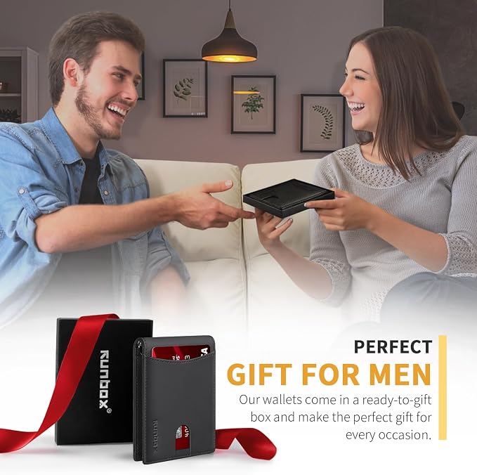 RUNBOX Slim Wallet for Men Genuine Leather RFID Blocking Bifold Minimalist Front Pocket Mens Wallet with Money Clip Thin Gift Box - Image 6