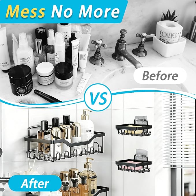Fammart Adhesive Shower Caddy, 5-Pack Rustproof Stainless Steel Bathroom Organizer with 28 Hooks, No-Drill Large Capacity Shower Shelves for Bathroom Storage & Home Décor, Black - Image 7