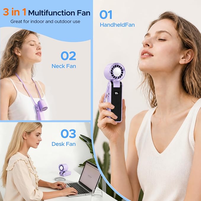 QearFun Portable Handheld Fan With Ice Cooling, 3-In-1 Rechargeable Personal Fan, 5-Speed Settings (1–199), Compact Pocket Fan Ideal For Travel, Outdoor Activities, Home, And Office (purple) - Image 7