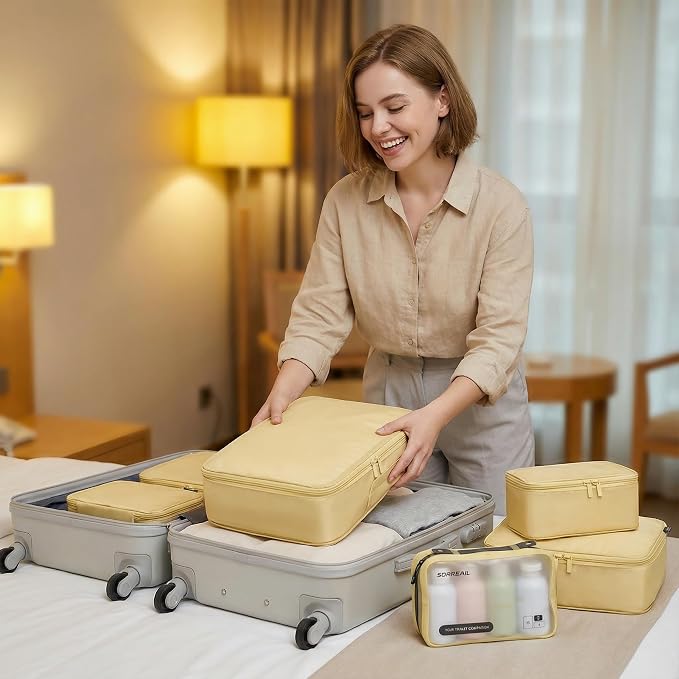 6 Set Compression Packing Cubes for 7–14 Day Travel, Bright Yellow | Nylon Oxford Fabric, Full Breathable Mesh, Reinforced Double-Zipper, Small to Large Size Bag, Expandable Packing System - Image 8
