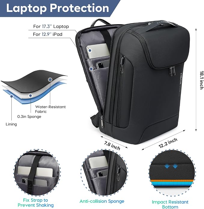 BANGE Men's Laptop Backpack for 17.3Inch Notebook,Waterproof Fashion Travel Backpacks,High Tech Backpack with Water Bottle, Work Business Backpacks for Men and Women - Image 3