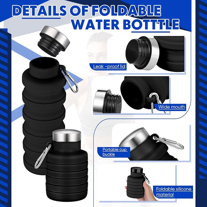 Baderke Collapsible Water Bottles 17oz Travel Sports Portable Water Bottle with Portable Buckle Silicone Lightweight Reusable Leakproof for Camping Hiking Yoga Outdoor (Black) - Image 3