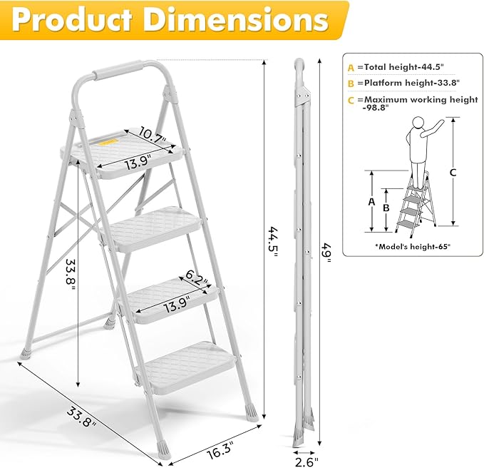 KINGRACK 4 Step Ladder, Folding Step Stool with Safety Lock & Sturdy Anti-Slip Pedals, Pass 800lbs Load Testing, Lightweight, Portable Steel Ladder with Handrails for Home, Kitchen, Garage, Office - Image 6