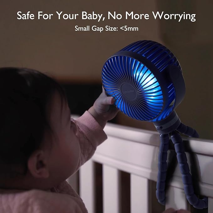 Momcozy 8000mAh Portable Stroller Fan, 27H Ultra-long Battery Life | Detachable 4 Speed 360°Rotate LED Night Light with 2 Modes, USB Rechargeable Handheld Cooling Fan for Travel/Car Seat/Bedroom - Image 4
