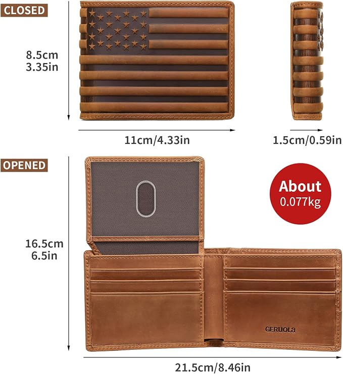 Wallet for Men-Genuine Leather RFID Blocking Bifold Stylish Wallet American Flag Wallet With 1 ID Window (Brown, With ID Window) - Image 3