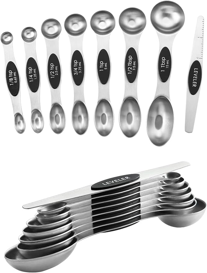 Spring Chef Stainless Steel 8 Magnetic Measuring Spoons Set, 2 Pack, Black | Dual Sided Metal Teaspoon & Tablespoon Measuring Spoons with Leveler for Dry & Liquid Ingredients, Nesting, Dishwasher Safe by SpringChef