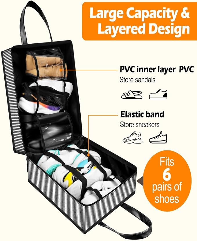 Yotako Shoe Bag for Travel with Leathers Handle Stripe | Shoe Organizer with Pockets,3 in 1 Hanging Luggage Shoe Storage Bag,Travel Shoe Bag for Women Men Fit 6 PCS Shoes - Image 3