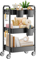 3 Tier Rolling Cart, Heavy Duty Metal Utility Cart with Wheel Black | Sturdy Rolling Storage Cart With Hooks & Hanging Cups, Great For Craft, Art Workspace, Kitchen ,Snack And Office Storage by YASONIC