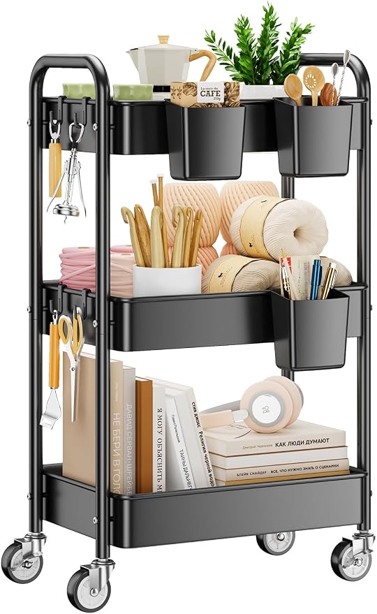 3 Tier Rolling Cart, Heavy Duty Metal Utility Cart with Wheel Black | Sturdy Rolling Storage Cart With Hooks & Hanging Cups, Great For Craft, Art Workspace, Kitchen ,Snack And Office Storage by YASONIC