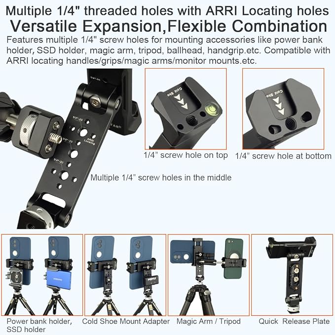 Aluminum Phone Tripod Mount Adapter with Cold Shoe and 1/4” Threaded Holes, 360° Rotation 230° Tilt Camera Phone Holder Mount for iphone Camera Monitoring Gimbals Stabilizers Tripods Phone Holder - Image 5
